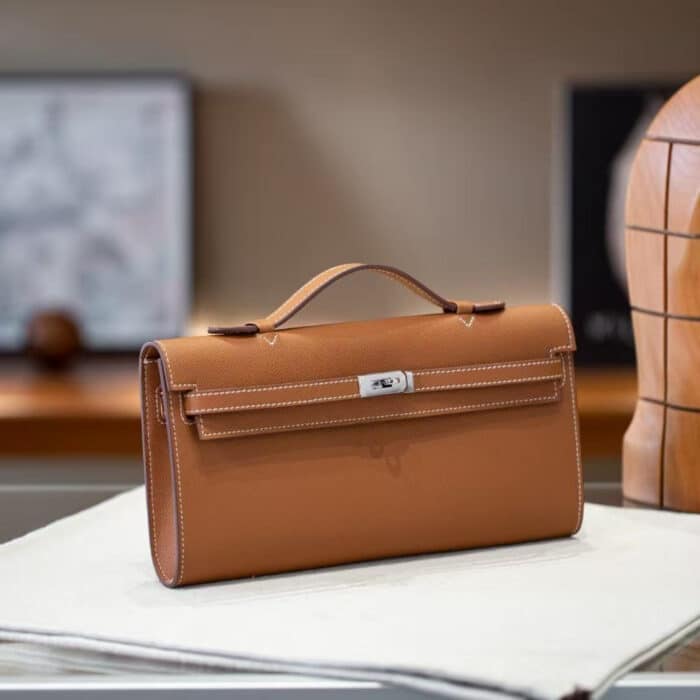 Hermes Kelly Cut Clutch Swift Silver Brown 28Cm - Image 2