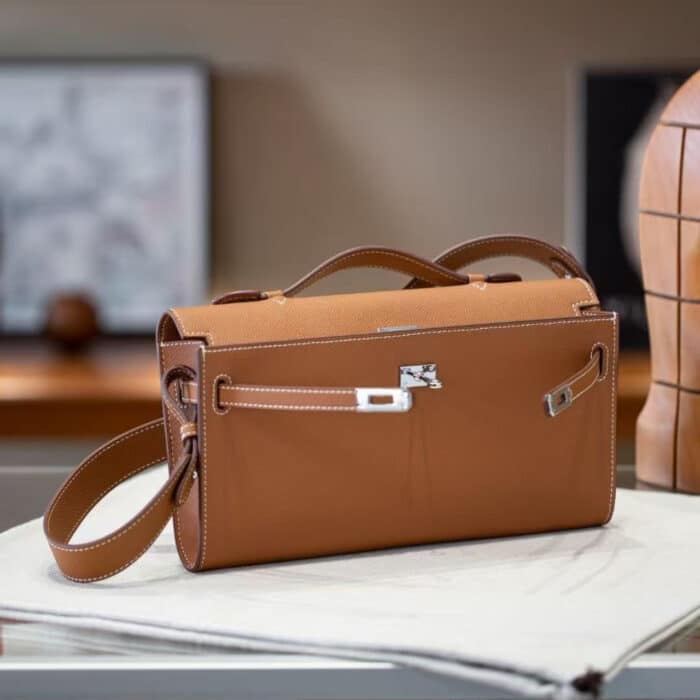 Hermes Kelly Cut Clutch Swift Silver Brown 28Cm - Image 5