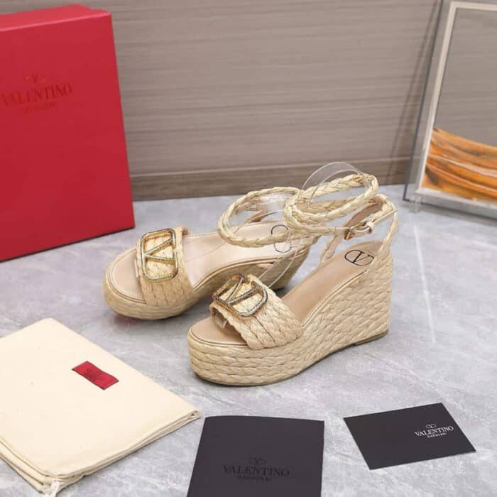 Valentino Garavani Vlogo Raffia Platform Wedge Sandals Natural - Image 2
