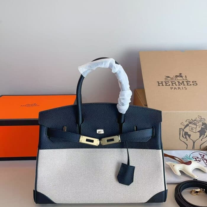 Hermes Toile Birkin Bag Black And Beige 30Cm - Image 2