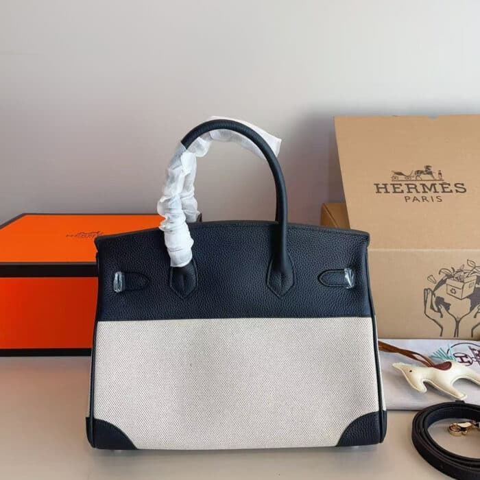 Hermes Toile Birkin Bag Black And Beige 30Cm - Image 3