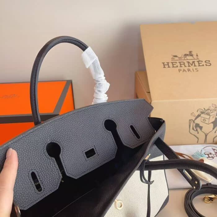 Hermes Toile Birkin Bag Black And Beige 30Cm - Image 4