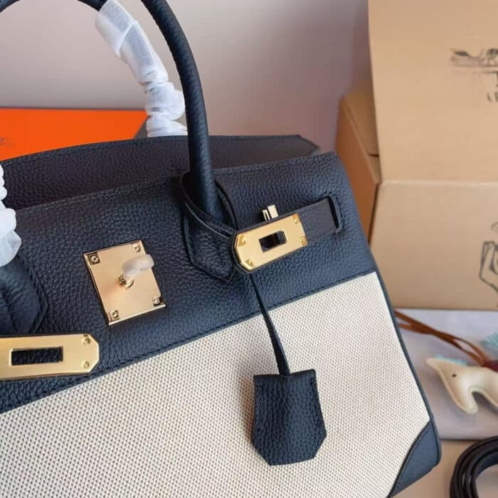 Hermes Toile Birkin Bag Black And Beige 30Cm - Image 5