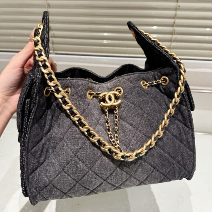 Chanel 25 Small Handbag Grained & Gold-Tone Metal Washed Denim Black 34Cm AS5293 B20520 U0725 - Image 2