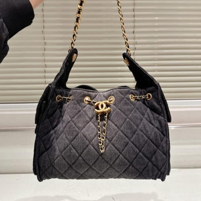 Chanel 25 Small Handbag Grained & Gold-Tone Metal Washed Denim Black 34Cm AS5293 B20520 U0725 - Image 5