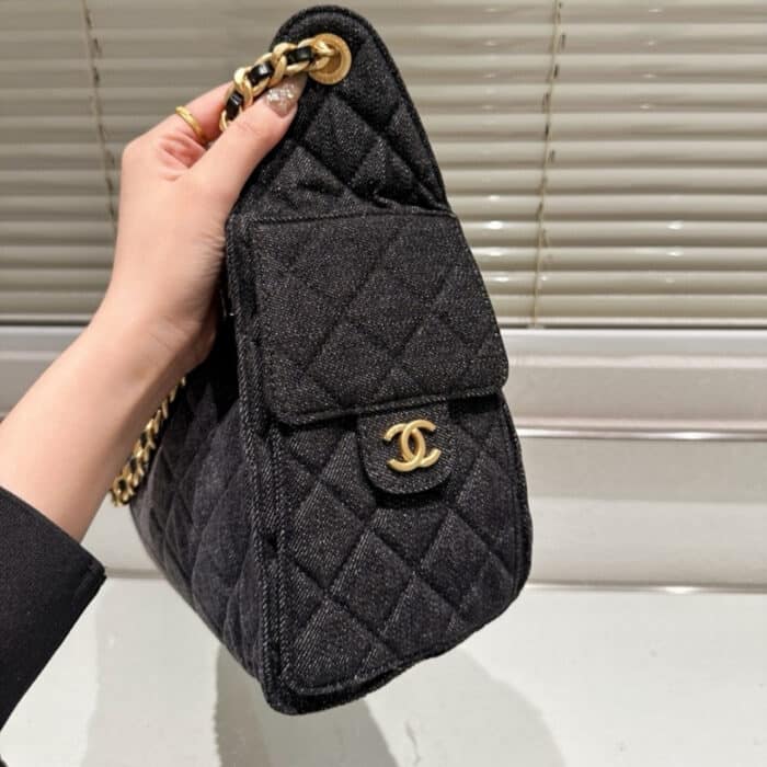 Chanel 25 Small Handbag Grained & Gold-Tone Metal Washed Denim Black 34Cm AS5293 B20520 U0725 - Image 7