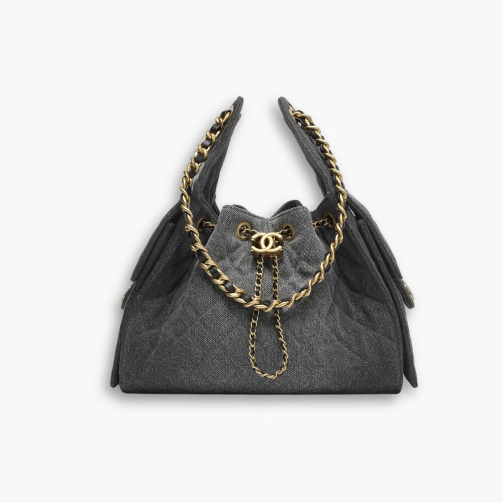 Chanel 25 Small Handbag Grained & Gold-Tone Metal Washed Denim Black 34Cm AS5293 B20520 U0725