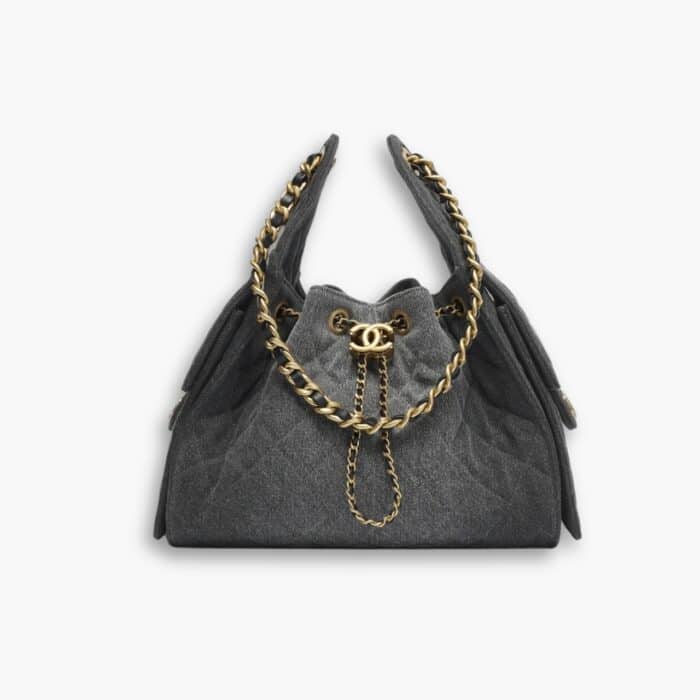 Chanel 25 Small Handbag Grained & Gold-Tone Metal Washed Denim Black 34Cm AS5293 B20520 U0725