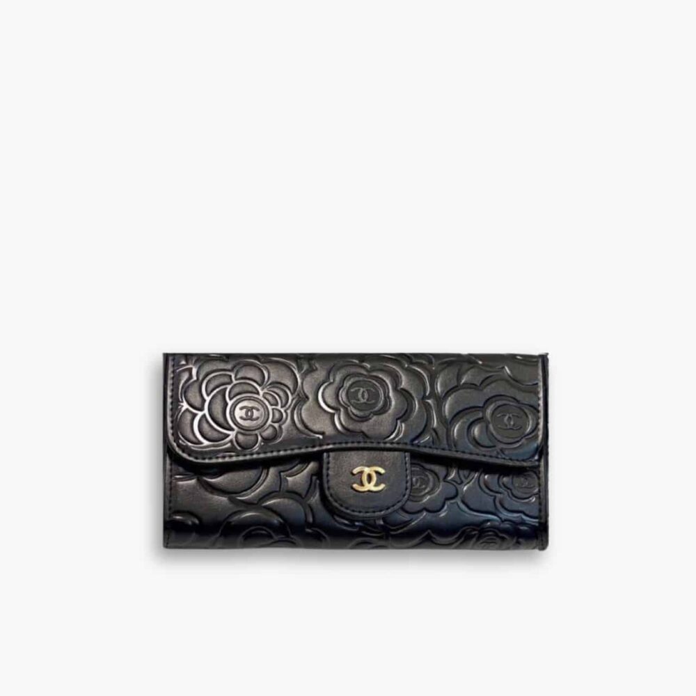 Chanel Camellia Embossed Flap Wallet Black 19Cm