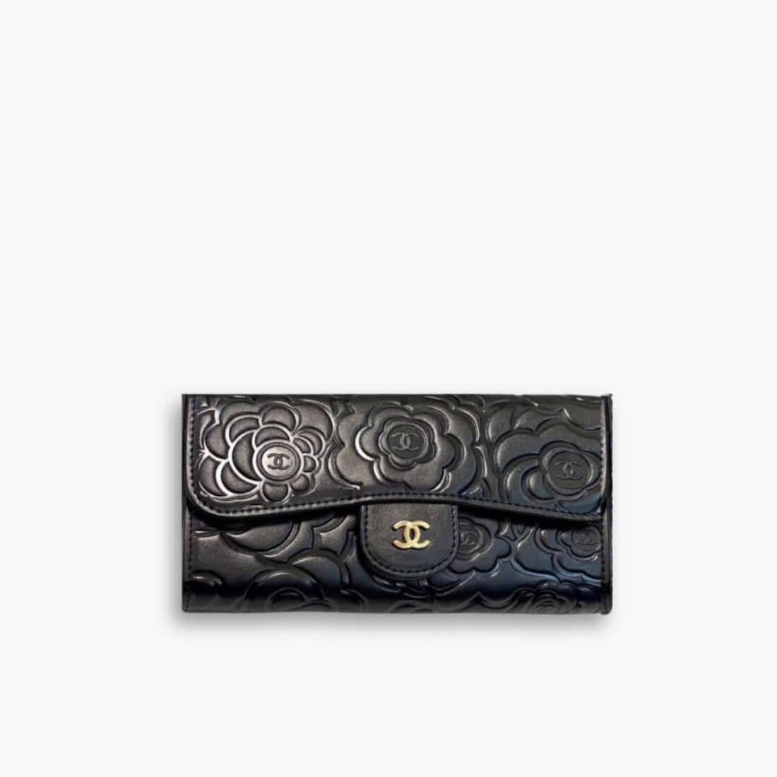 Chanel Camellia Embossed Flap Wallet Black 19Cm