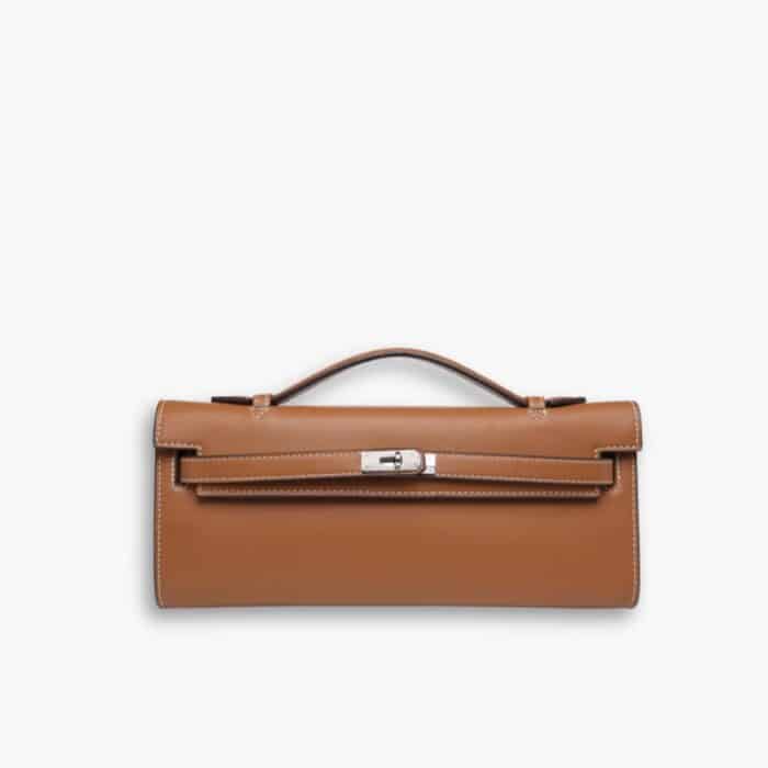 Hermes Kelly Cut Clutch Swift Silver Brown 28Cm
