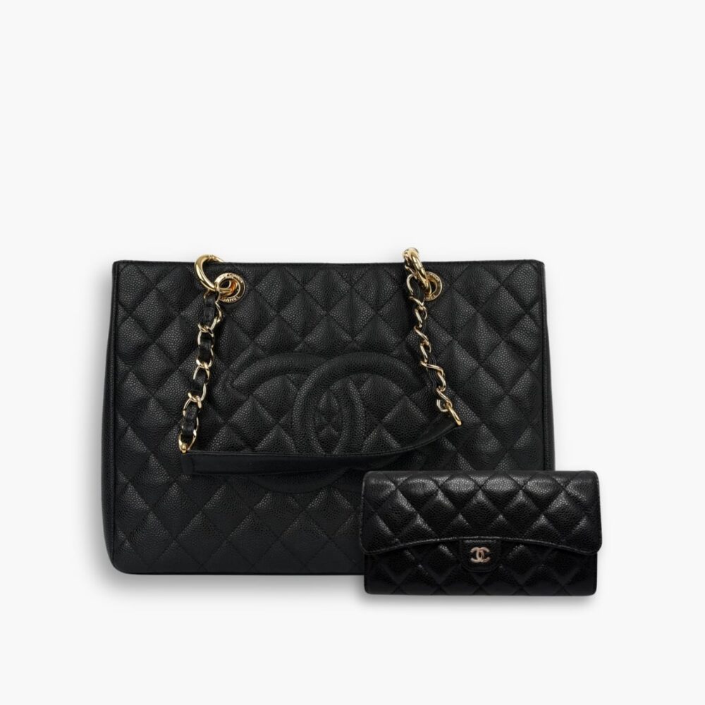 Perfect Match: Chanel Caviar Grand Shopping Tote Black 33cm X Chanel Classic Long Flap Wallet Black 19cm