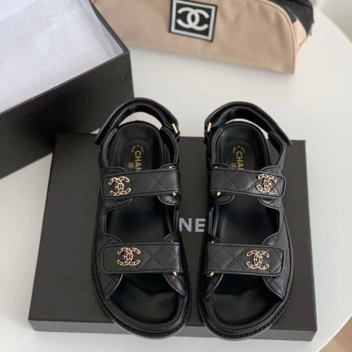 Chanel CC Button Velcro Black Sandals Grained Leather - Image 2