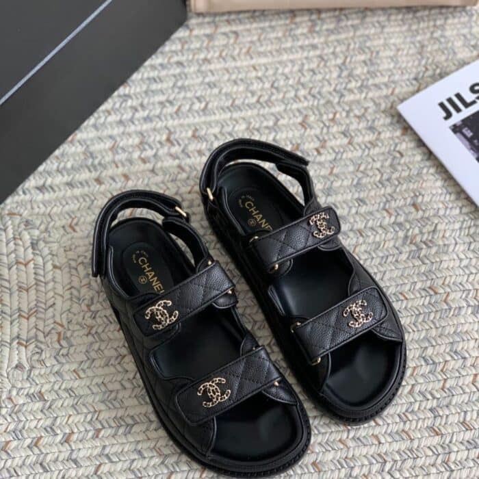 Chanel CC Button Velcro Black Sandals Grained Leather - Image 3