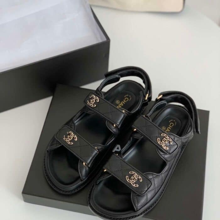 Chanel CC Button Velcro Black Sandals Grained Leather - Image 4