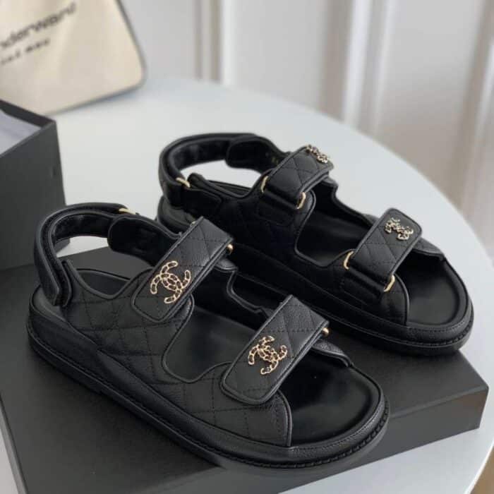 Chanel CC Button Velcro Black Sandals Grained Leather - Image 5