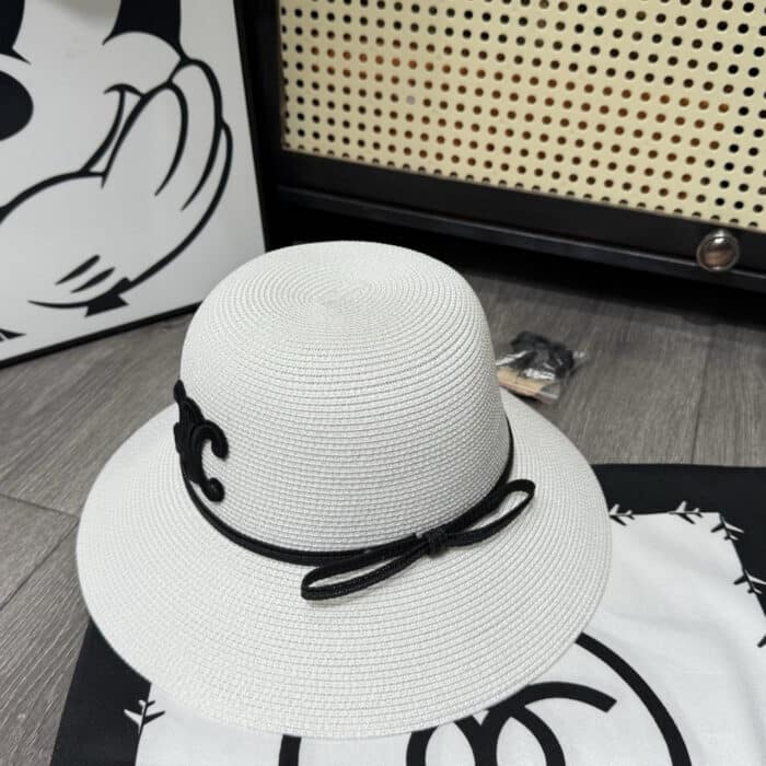 Celine Triomphe Raffia Bucket Hat With Bow White - Image 3