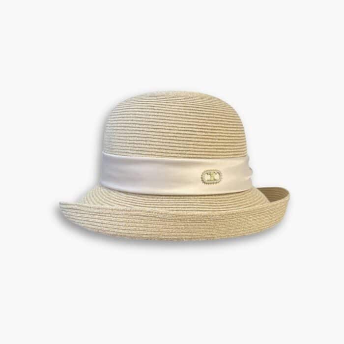 Celine Raffia Curled Brim Hat With Satin White