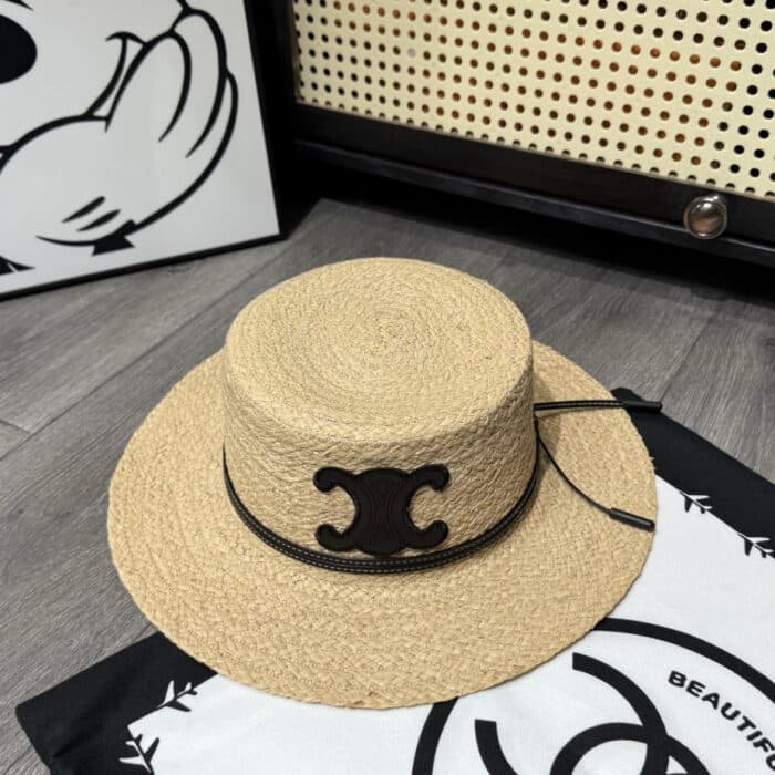 Celine Flat Crown Raffia Hat Emblem In Black - Image 2