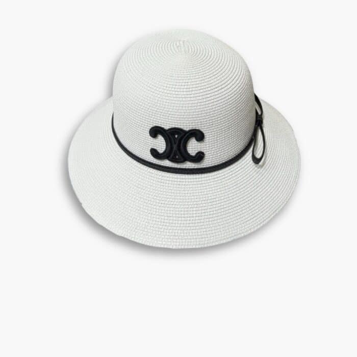 Celine Triomphe Raffia Bucket Hat With Bow White