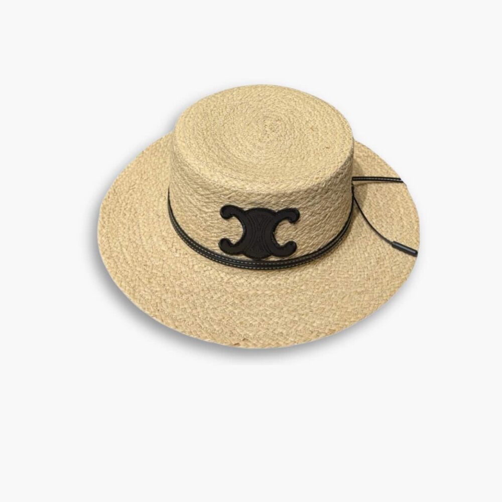 Celine Flat Crown Raffia Hat Emblem In Black