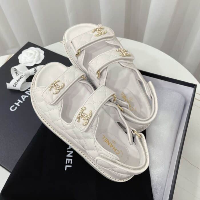 Chanel CC Button Velcro White Sandals Grained Leather - Image 2