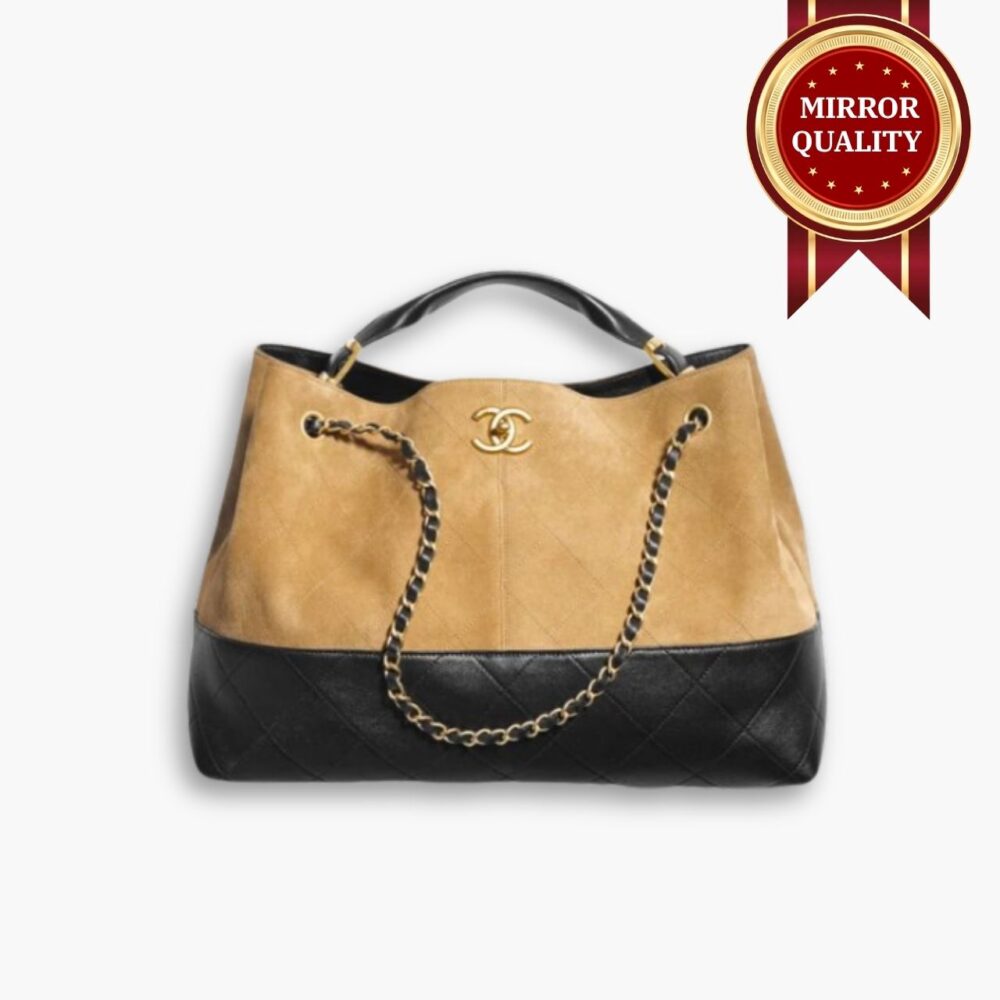 Mirror Quality – Chanel Shopping Bag Gold Tone Mental Beige And Black 36Cm AS5657 B20827 U1536