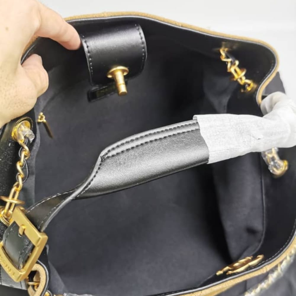 Chanel Shopping Bag Gold Tone Metal Beige And Black 36Cm AS5657 B20827 U1536 - Image 6