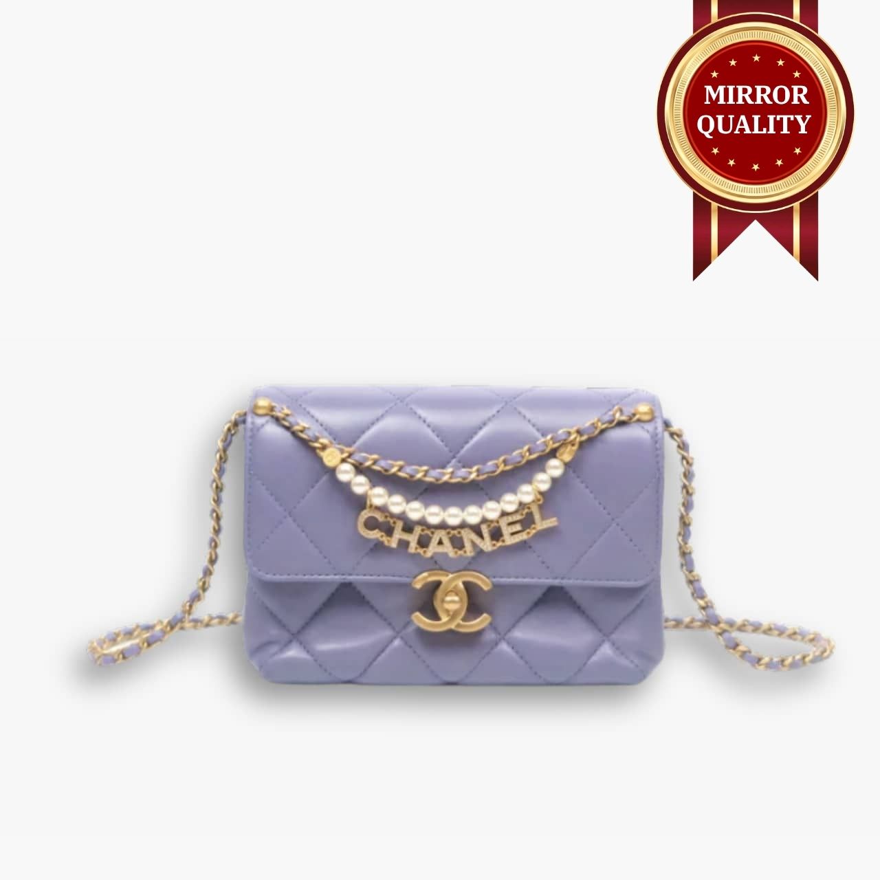 Mirror Quality – Chanel Crystal Pearl Chain Mini Flap Bag Gold Hardware Purple 17Cm