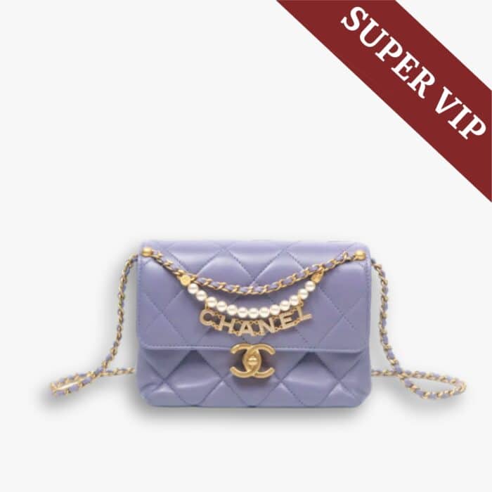 Chanel Crystal Pearl Chain Mini Flap Bag Gold Hardware Purple 17Cm