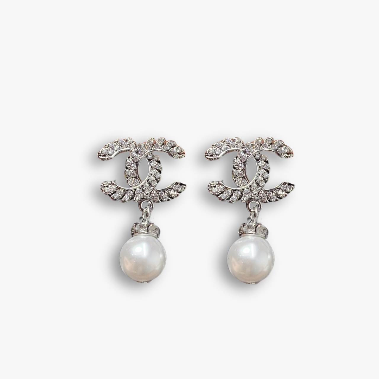 Chanel CC Pearl Earrings Silver
