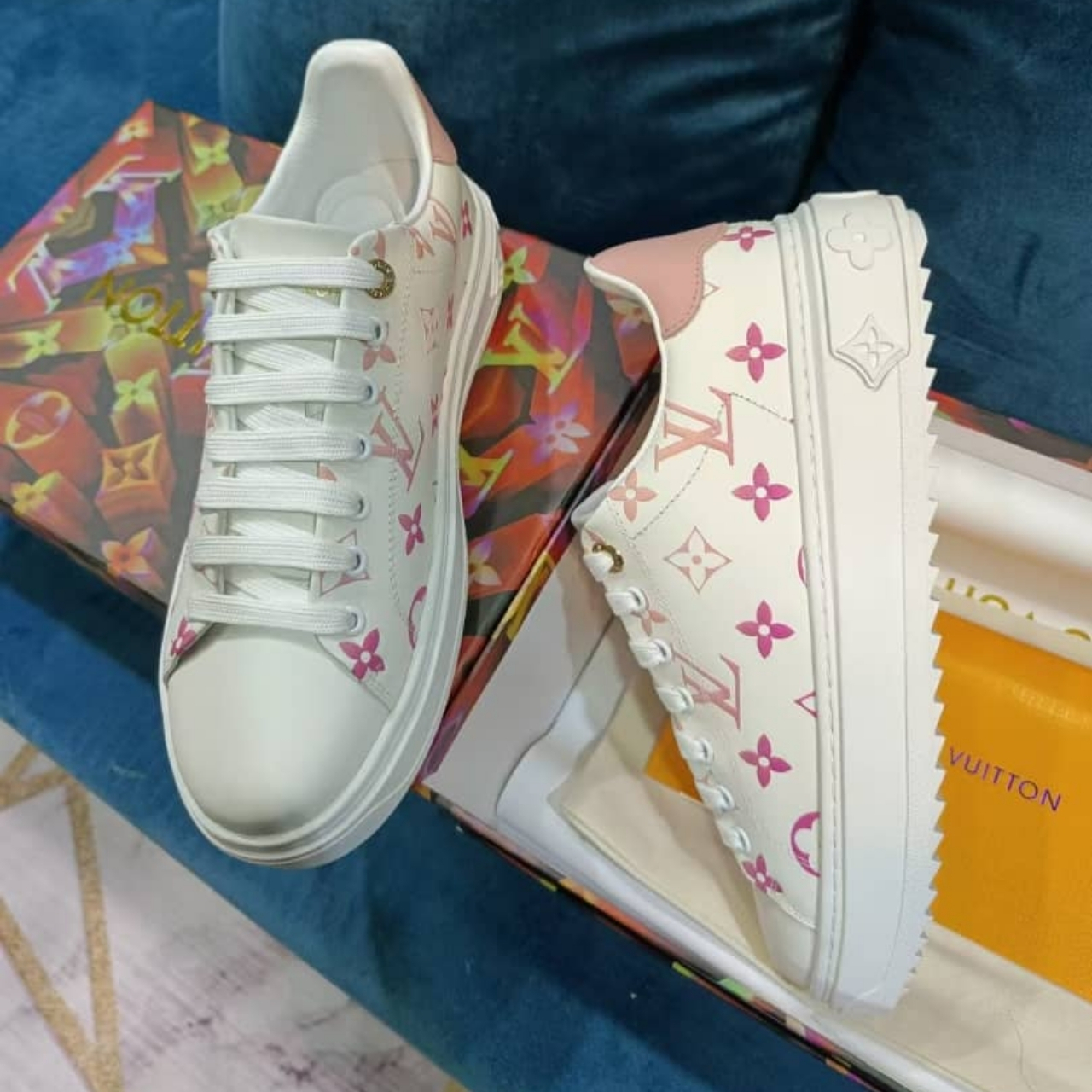 Louis Vuitton Time Out Sneakers White With Pink Monogram - Image 3