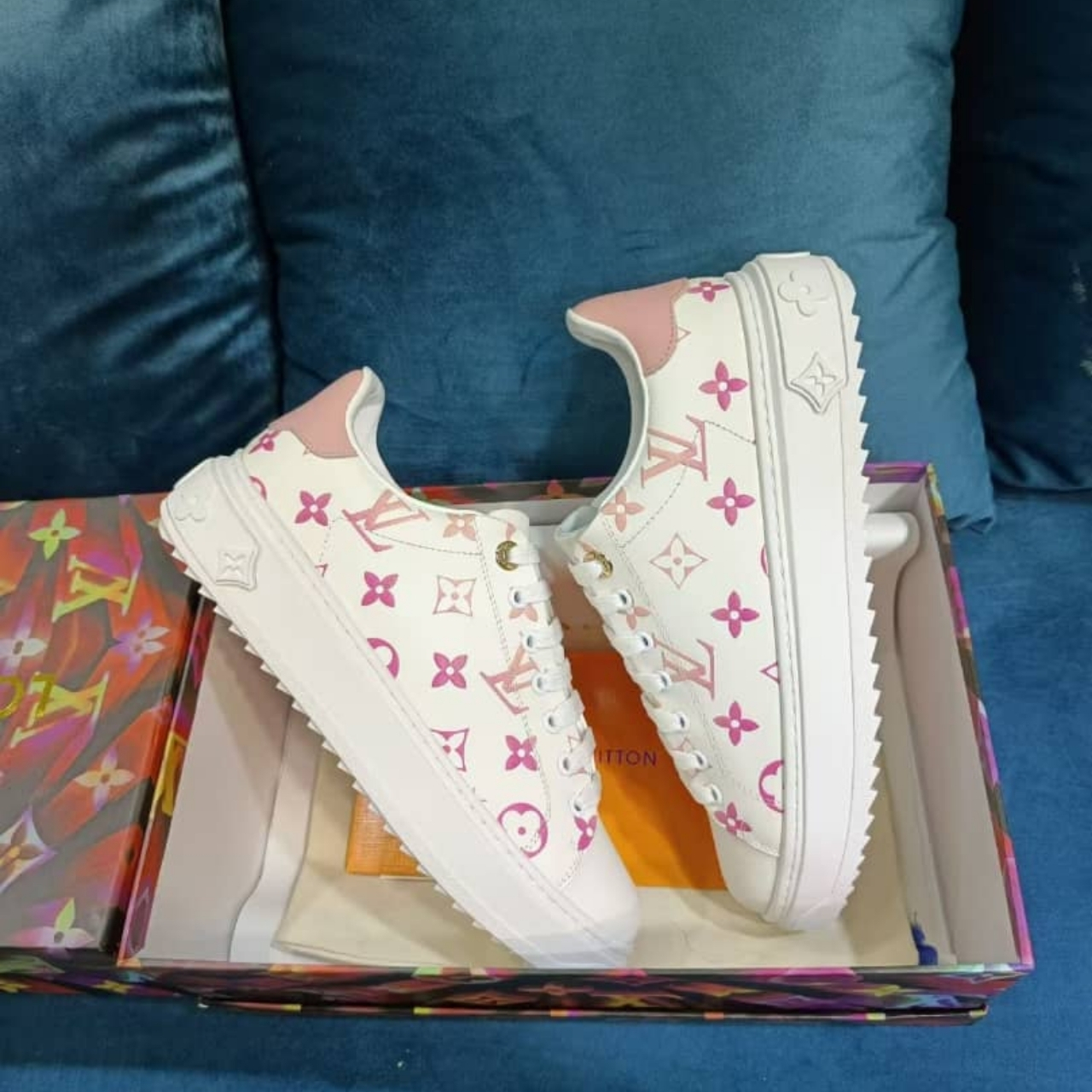 Louis Vuitton Time Out Sneakers White With Pink Monogram - Image 5