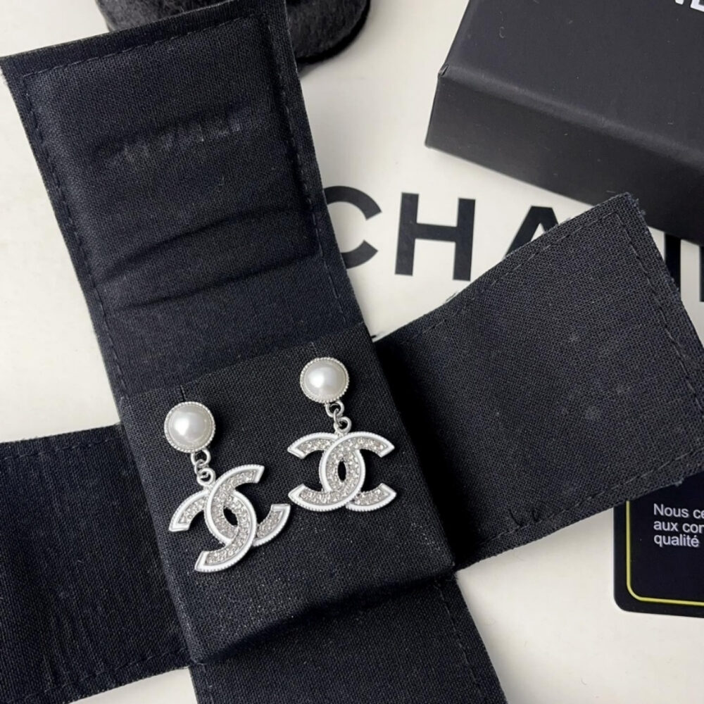 Alternative view of Chanel Double C Pearl Earrings Silver White