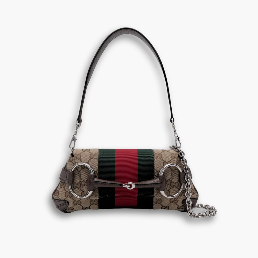Gucci Small Horsebit Chain Shoulder Bag Beige And Brown 27Cm