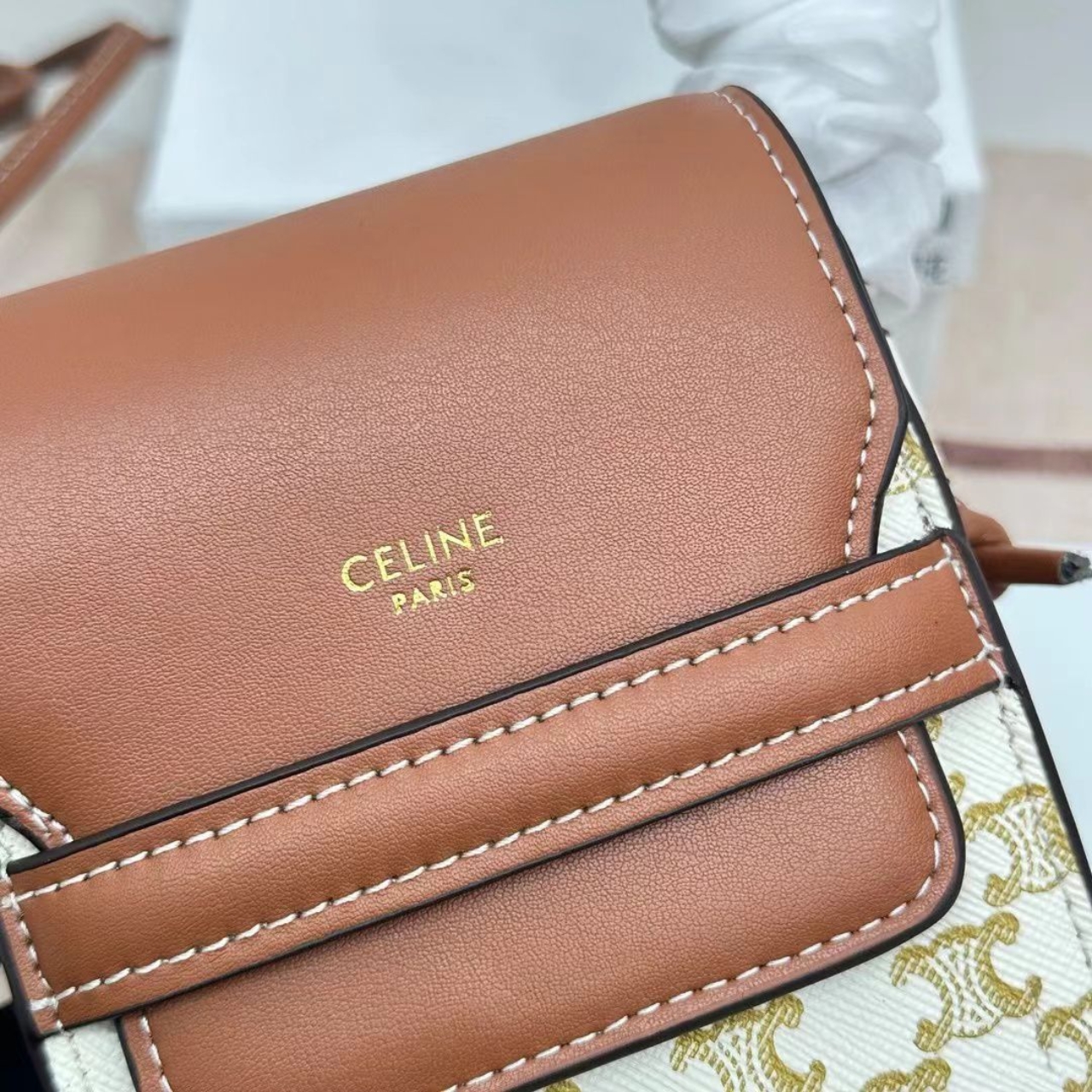 Celine Women Phone Pouch With Flap In Triomphe Canvas And Beige - Image 3
