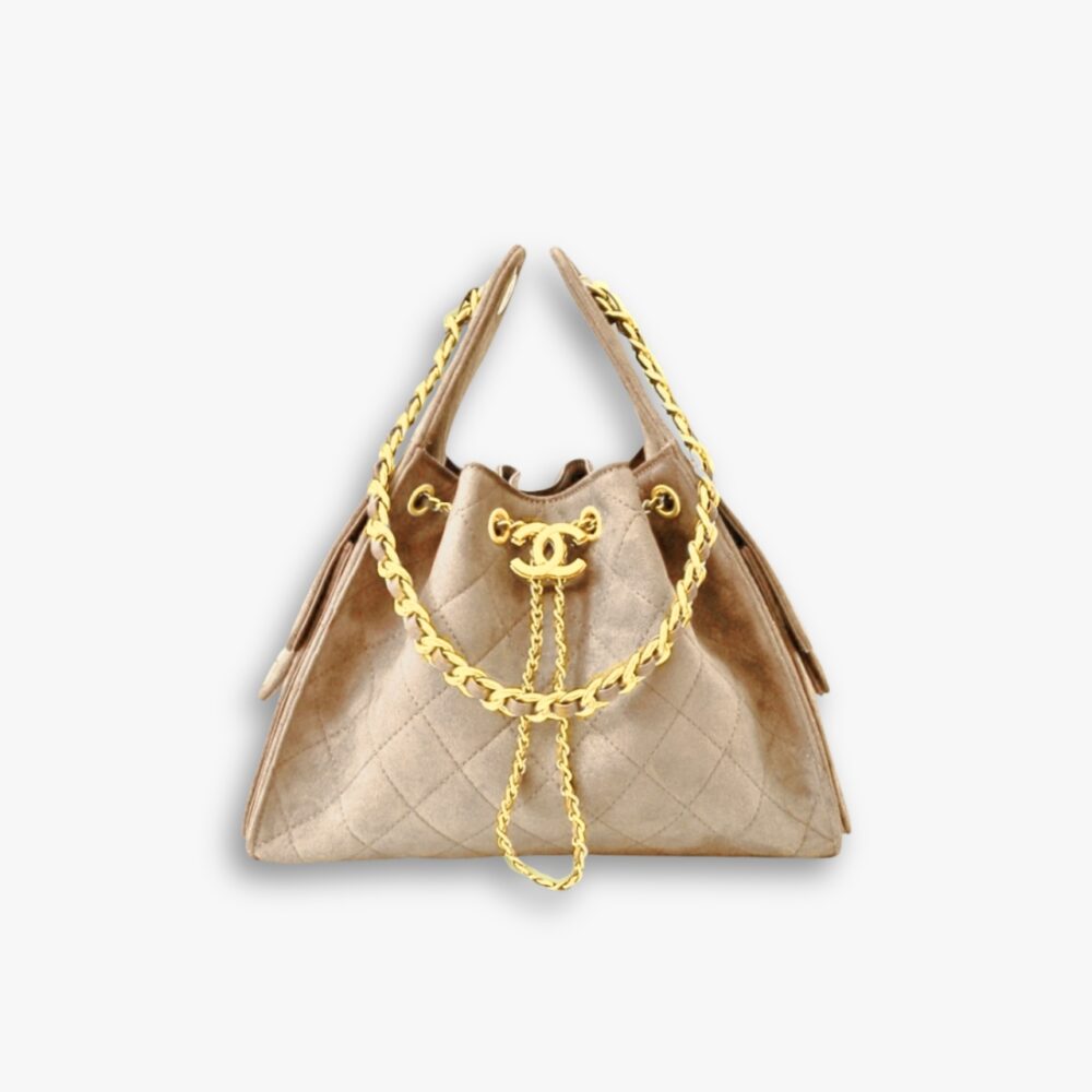 Chanel 25 Small Handbag Gold Tone Metal Beige 26Cm