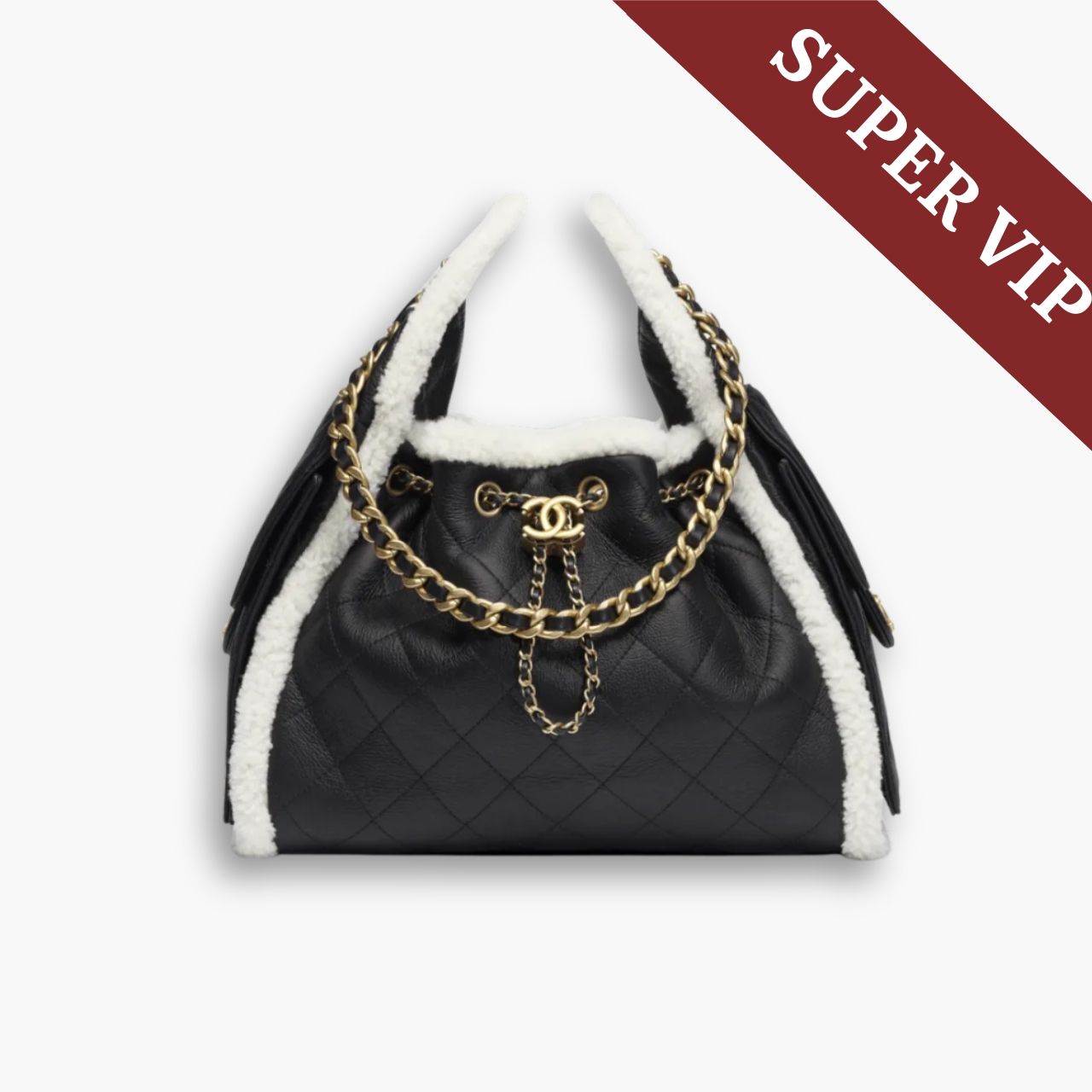 Super Vip 1:1   Chanel 25 Small Handbag Gold Tone Metal Black And White 30Cm AS5293 B22309 U4139