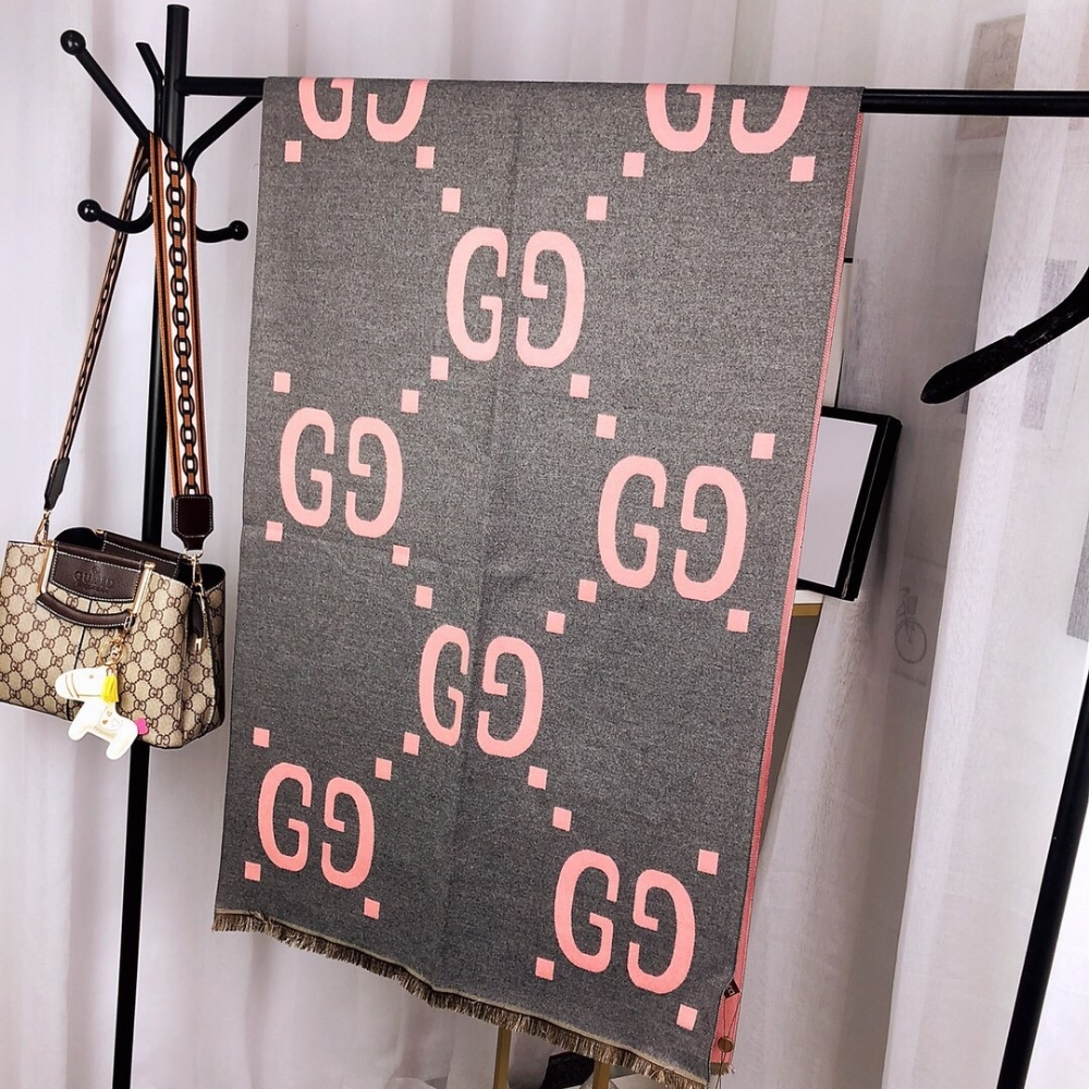 Alternative view of Gucci GG Cashmere Jacquard Scarf Grey And Pink 674275 3G344 1272