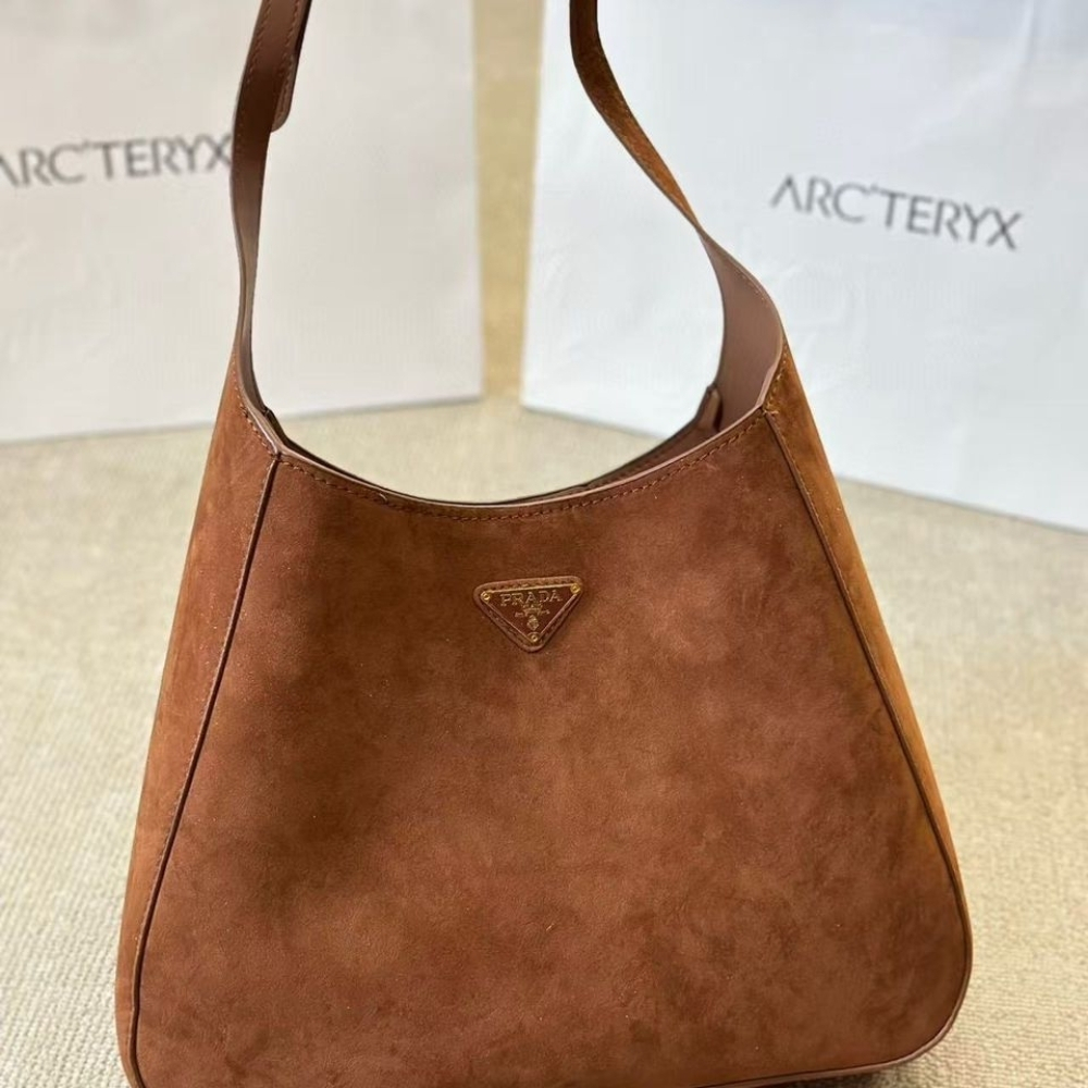 Prada Suede Hobo Bag Brown 34Cm 1BC181 2C4S F0324 - Image 3