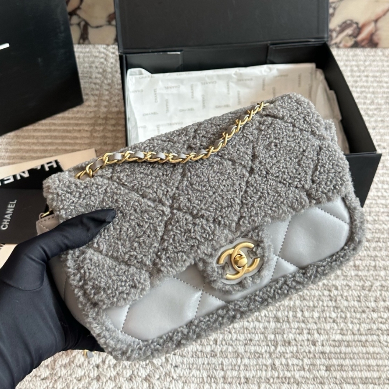Chanel Flap Bag Teddy Gold Tone Metal Grey 25Cm - Image 2