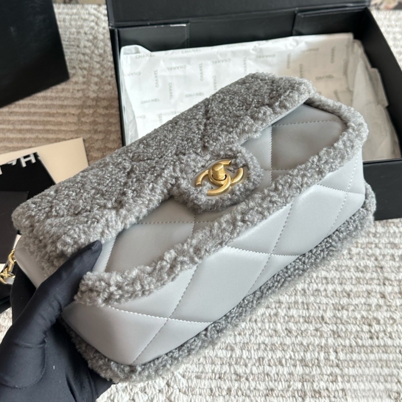 Chanel Flap Bag Teddy Gold Tone Metal Grey 25Cm - Image 6