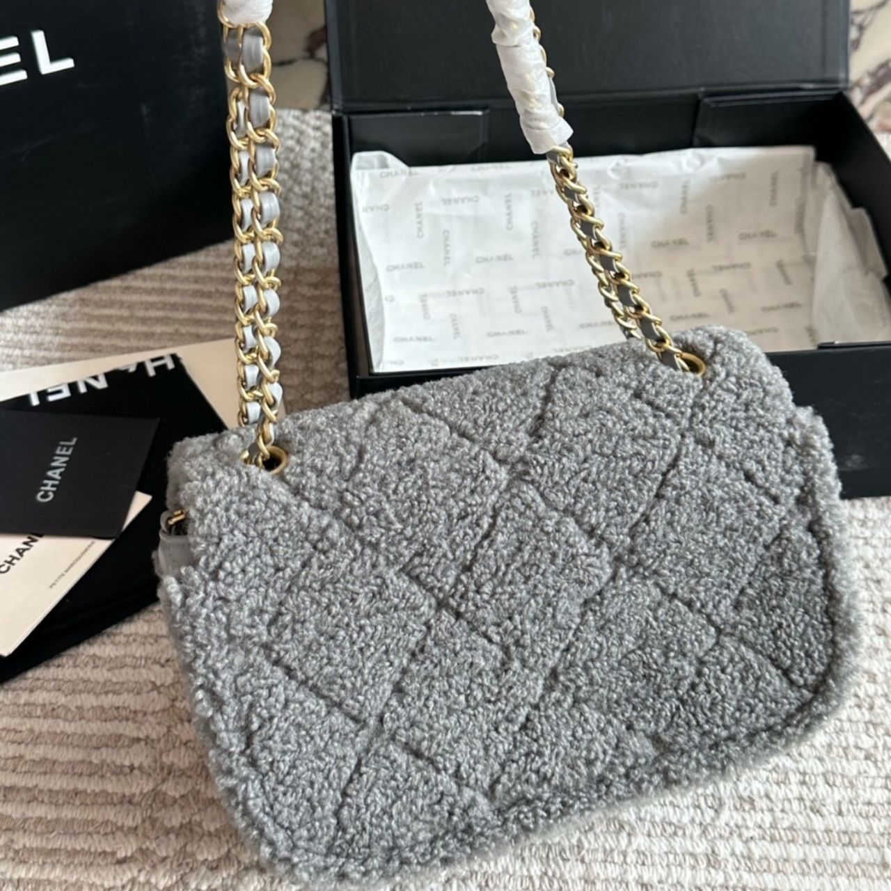 Chanel Flap Bag Teddy Gold Tone Metal Grey 25Cm - Image 7