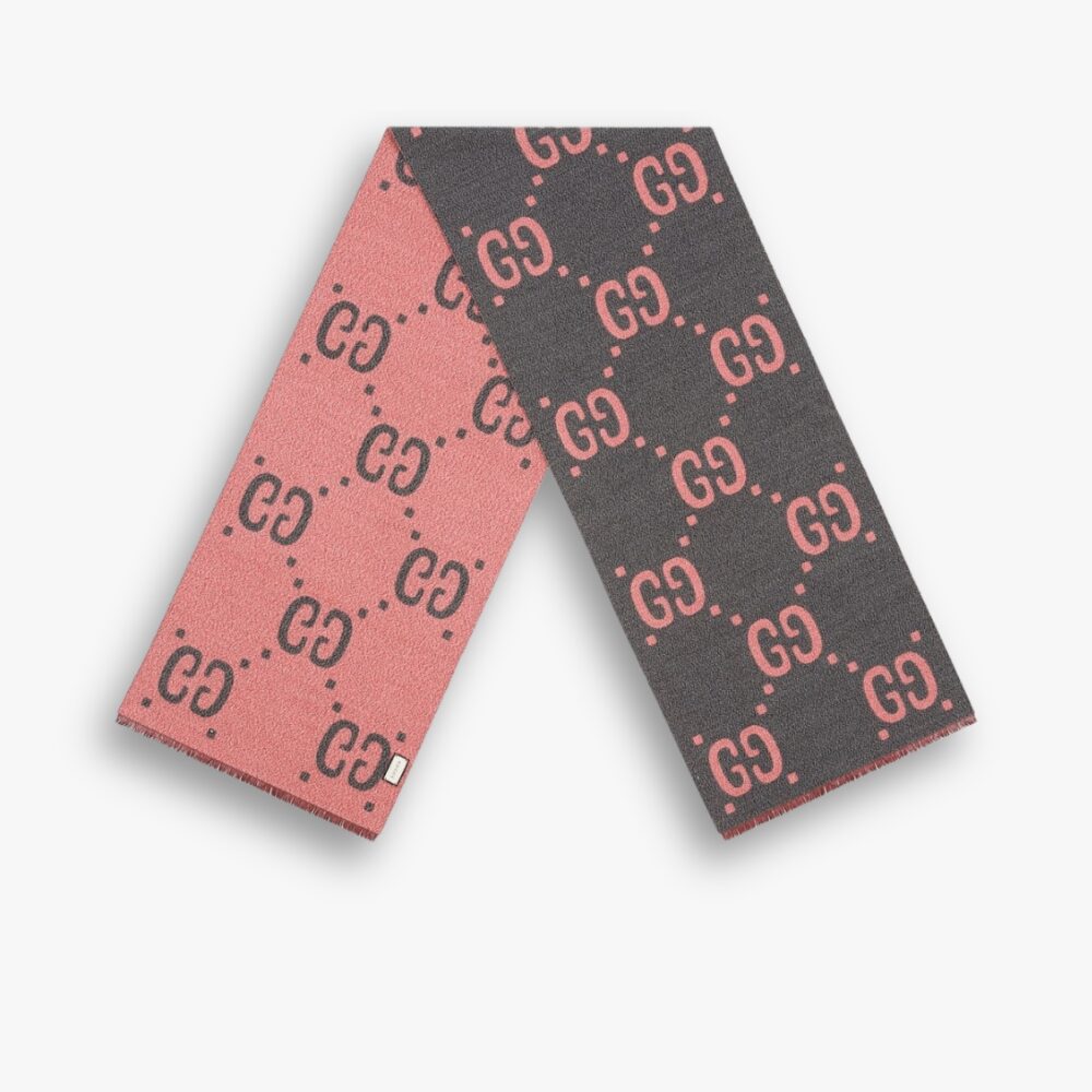 Gucci GG Cashmere Jacquard Scarf Grey And Pink 674275 3G344 1272