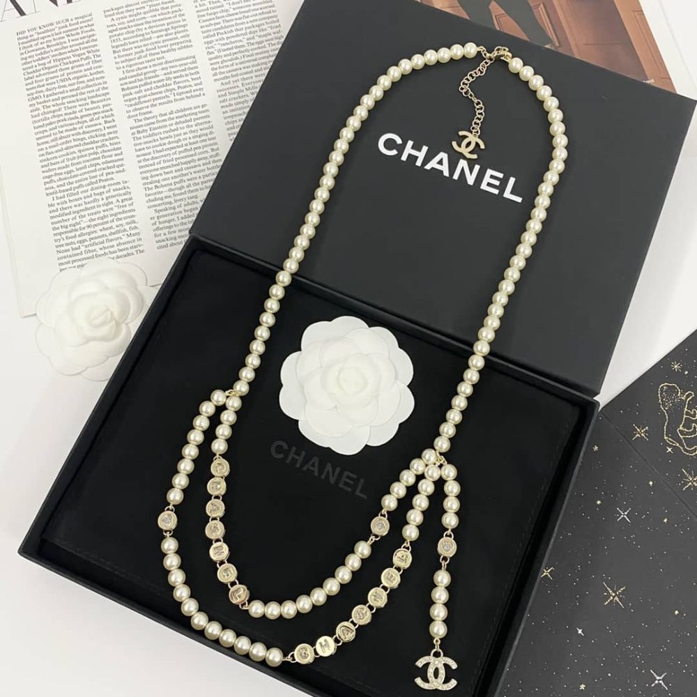 Alternative view of Chanel Pearl Necklace with Gold Medalion Charms