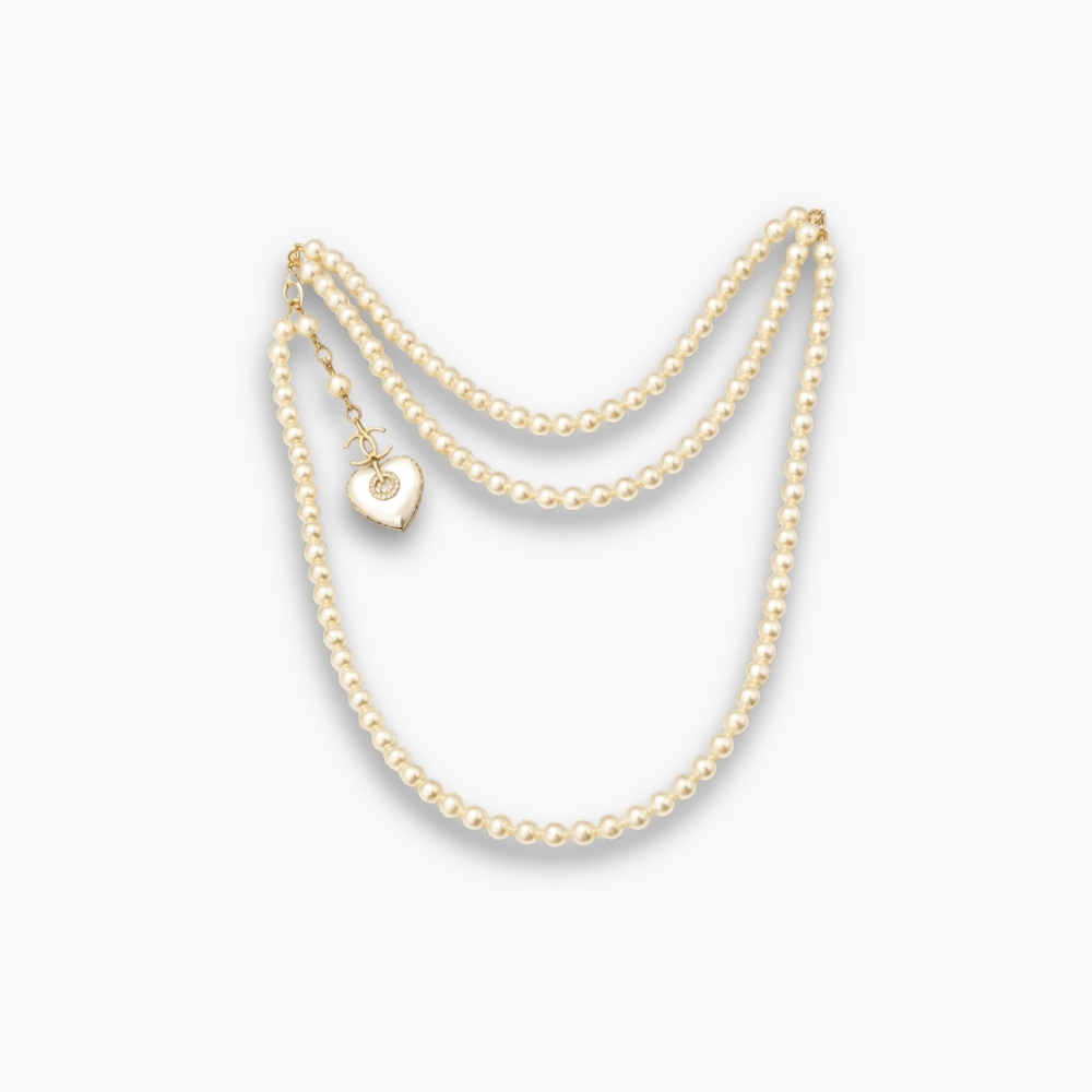 Chanel Double Strand Pearl Necklace with Heart Shaped Charm