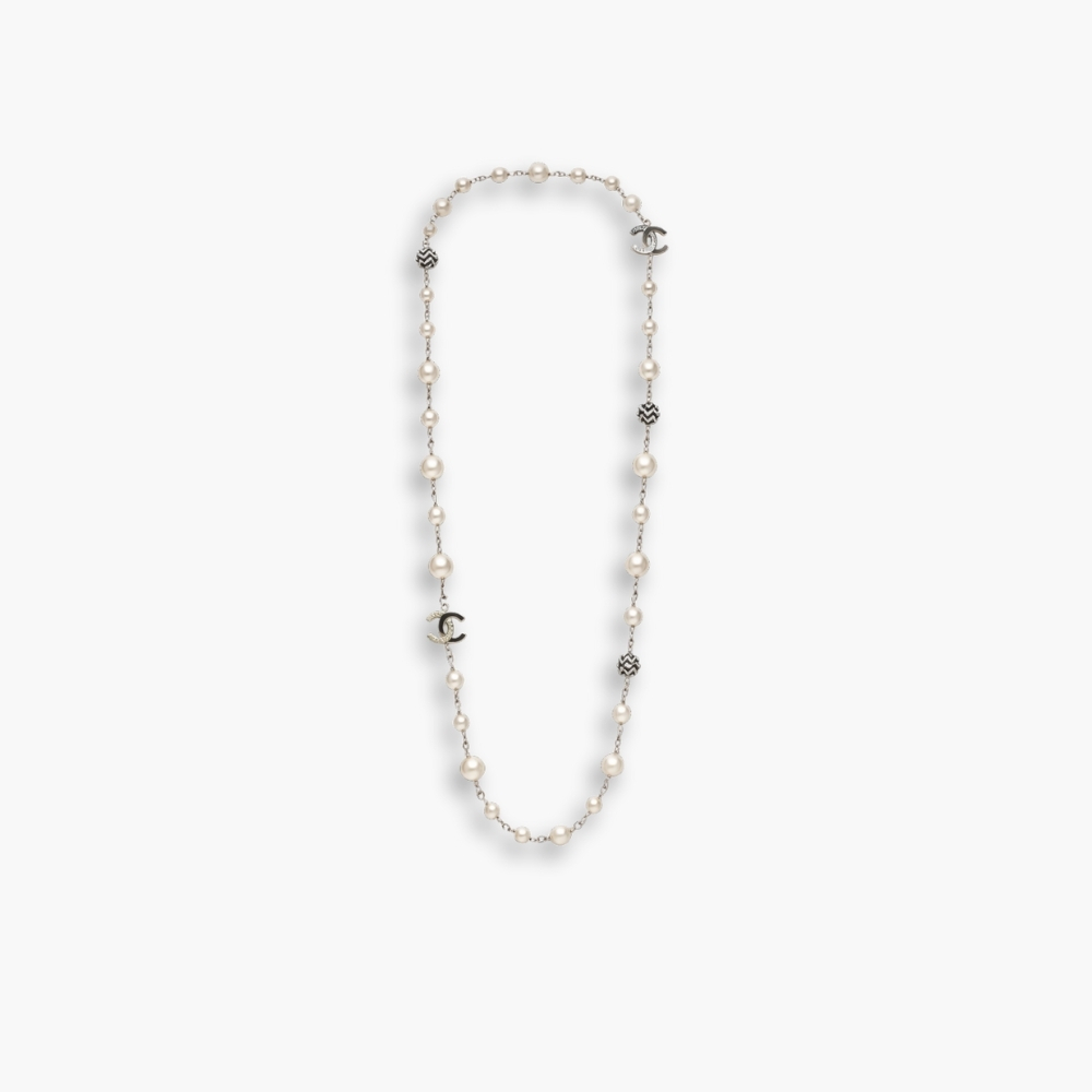 Chanel Pearl Necklace with Interlocking CC Logos Charms