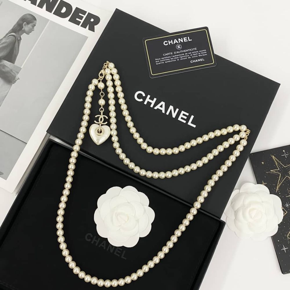 Alternative view of Chanel Double Strand Pearl Necklace with Heart Shaped Charm