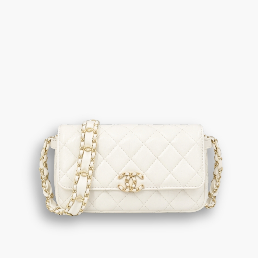 Chanel Phone Holder with Chain Aged Leather White 18cm AP3570 B14306 10601