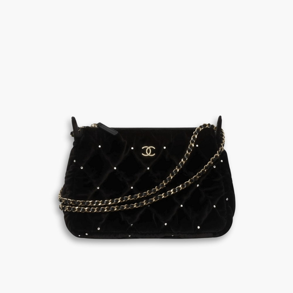 Chanel Velvet Crystal Quilted Chain Hobo Bag In Black 22Cm AP4861 B17652 93405